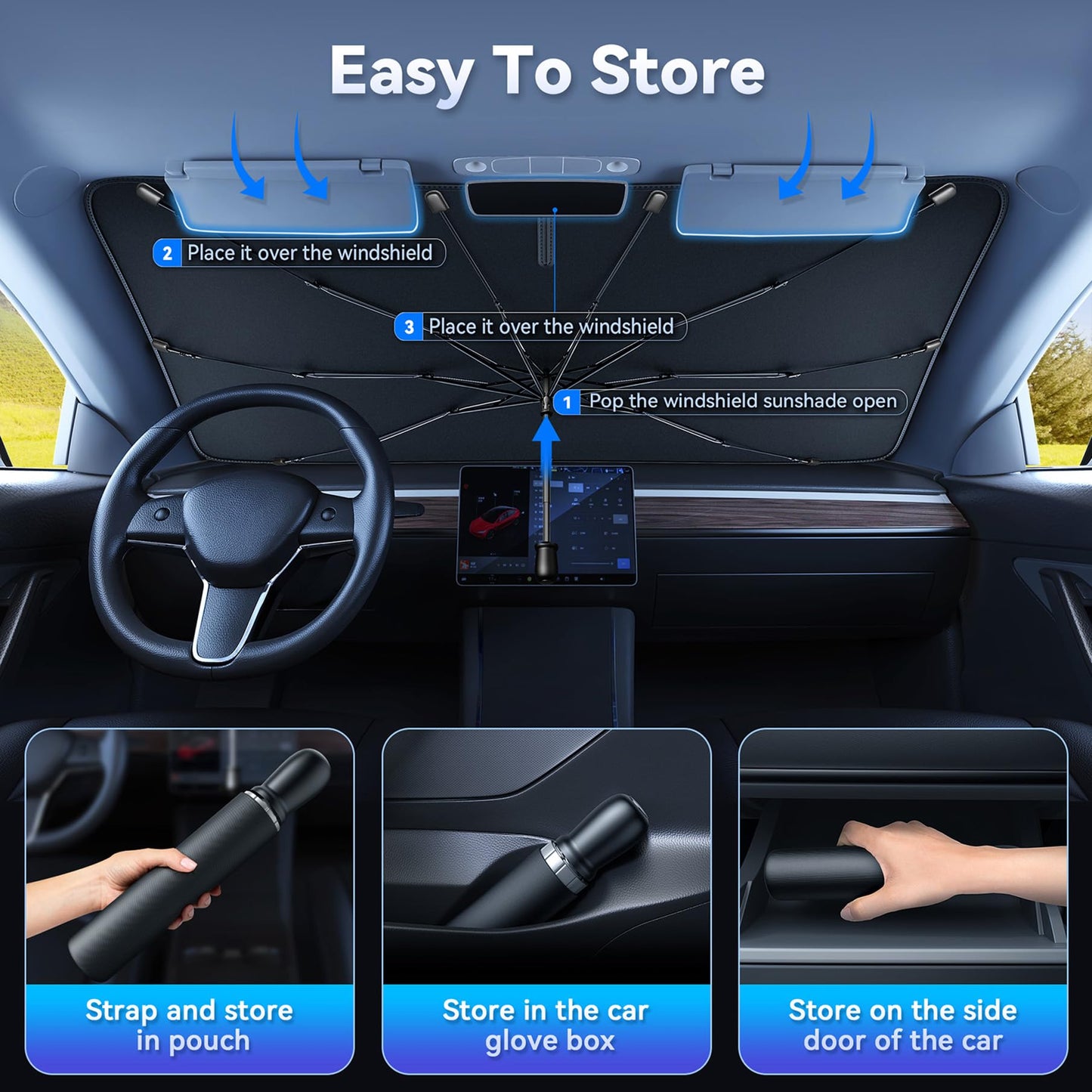 TECKNET Car Windshield Sun Shade Umbrella, Foldable Windshield Sun Shade for Car Block UV Rays and Heat, Adjustable Size (55"x31",47"x25")