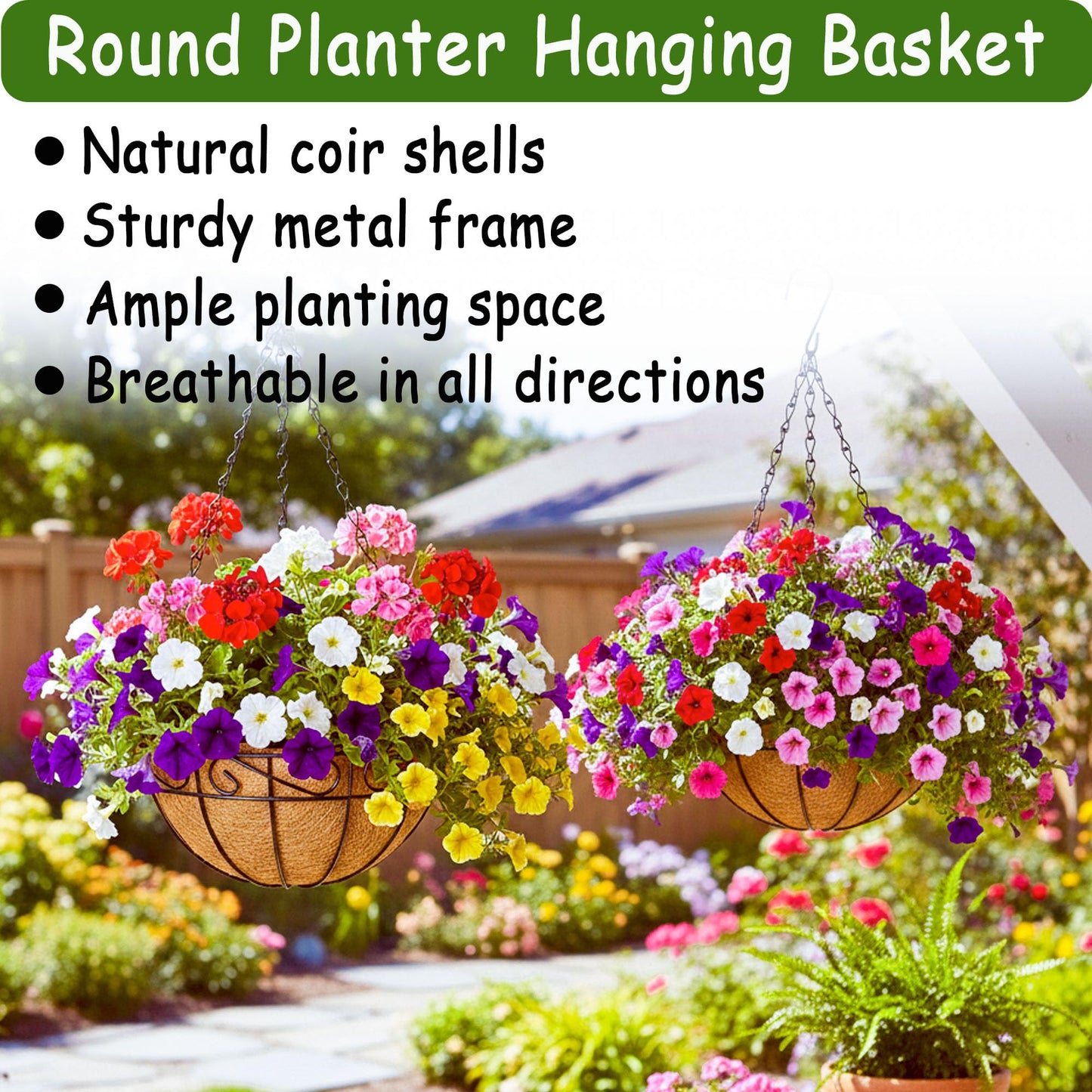 SMYAXUNW 14 Inch Hanging Planters (4 Pack) - Round Metal Baskets with Cocoa Liners for Indoor/Outdoor Gardens, Porch & Patio Decor（HB）