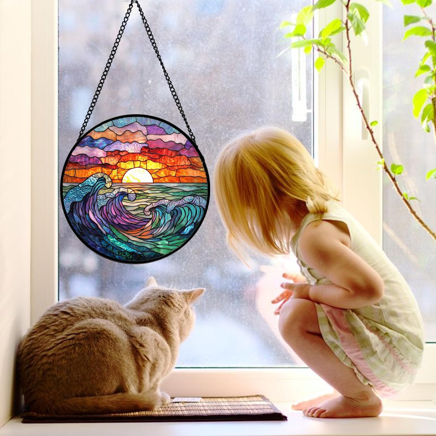 DASTOLL Stained Glass Window Hanging, Clouds and Sea Waves Suncatcher Diamond Glass Panel Hangings Scenery Sun Catchers Decor for Birthday for Women, Men, Wife, Aunt, and Mom 7.8 in