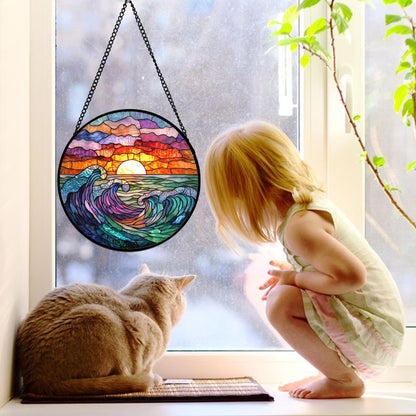 DASTOLL Stained Glass Window Hanging, Clouds and Sea Waves Suncatcher Diamond Glass Panel Hangings Scenery Sun Catchers Decor for Birthday for Women, Men, Wife, Aunt, and Mom 7.8 in