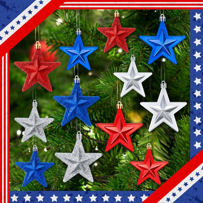 60 Pcs Patriotic Star Hanging Ornament 4th of July Tree Decor Red Blue Silver Star Ornament for Tree 4th of July Independence Pendant for 250th Anniversary Patriotic Veteran Decor