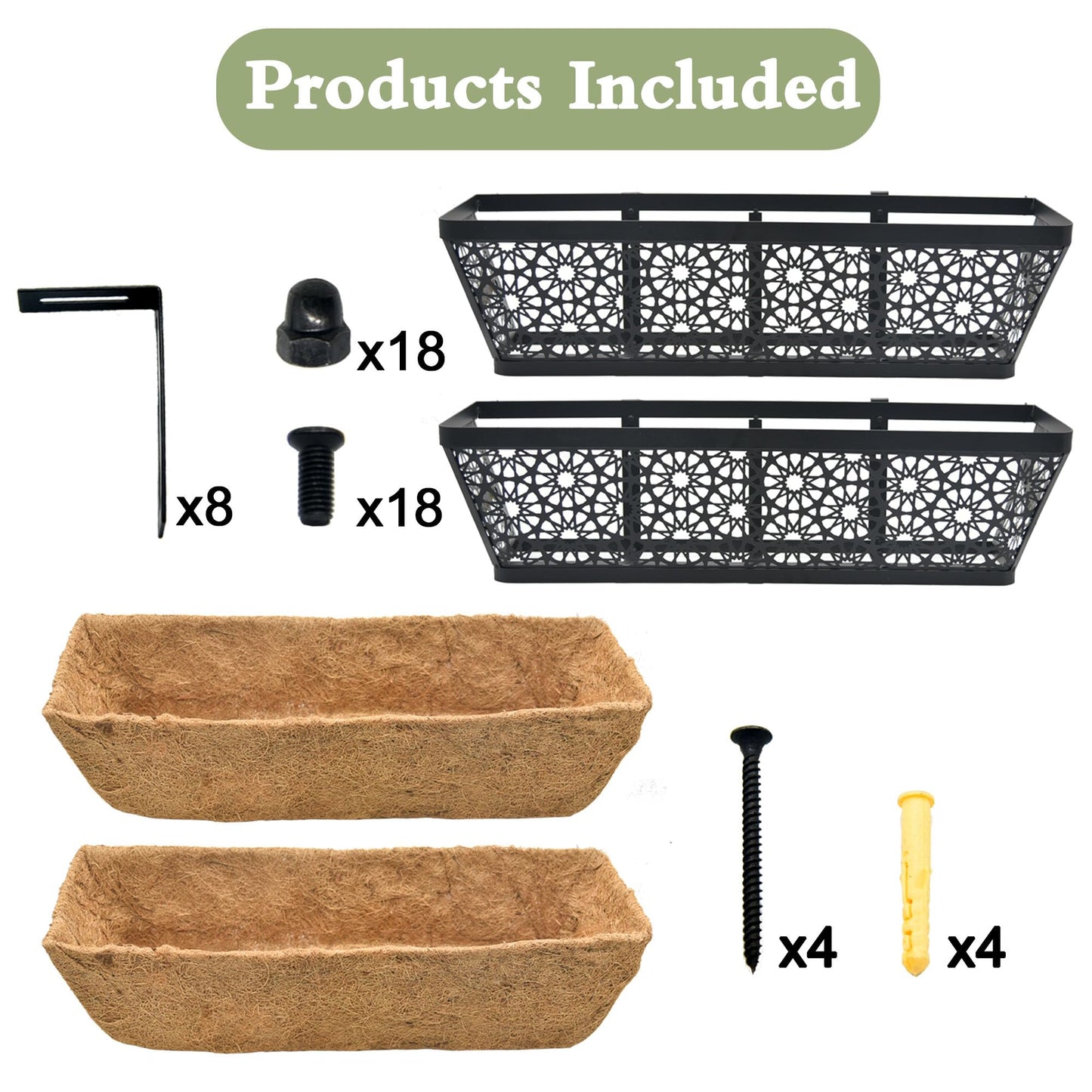 ZVOWOS Black Metal Railing Planter Window Box (2 Pack, 24 Inch) Horse Trough Planter with Coco Fiber Liner Deck Balcony Rail Planters for Porch Fence Patio Outdoor Garden Décor