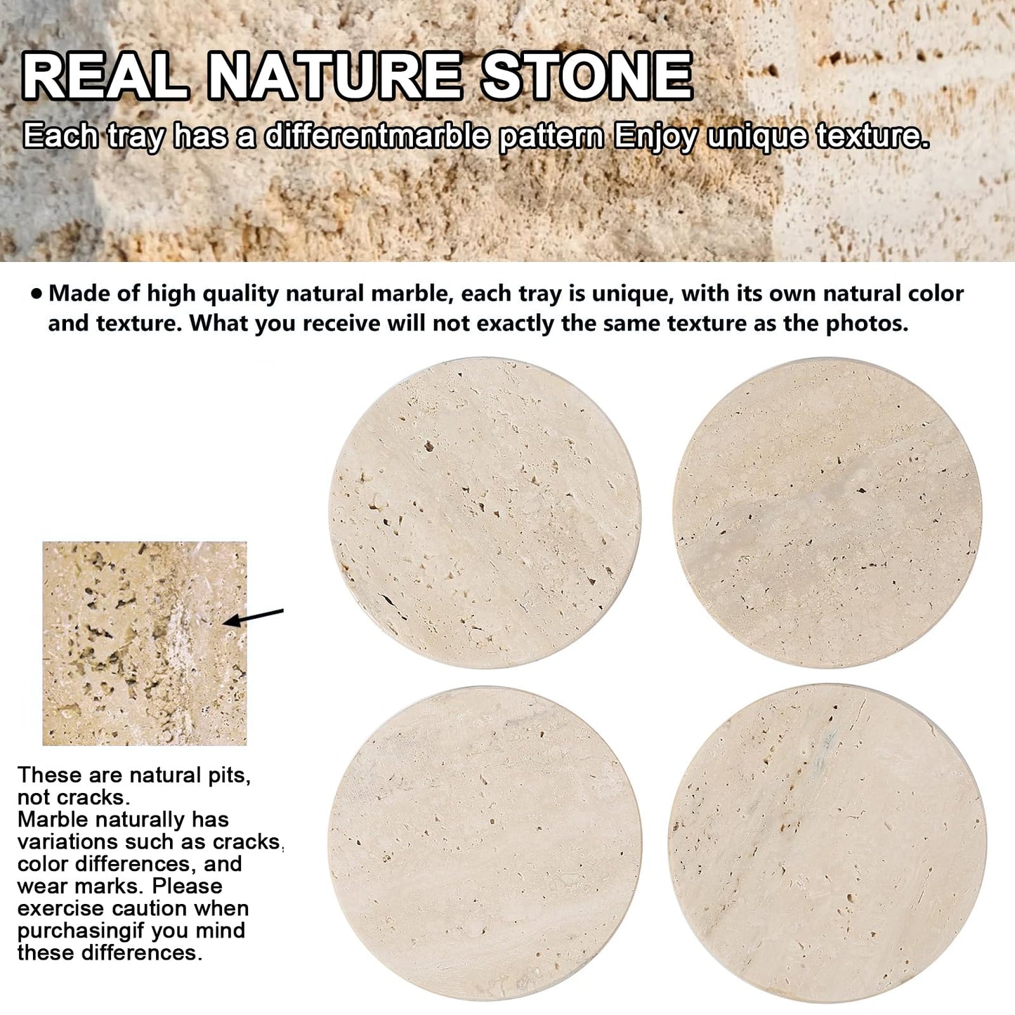 XINFUHUA Beige Travertine Coasters Set of 4, Non-Slip Cork Backing, Natural Stone Coaster for Drinks, Anti-Slip Round Artisanal Travertine Coaster for Kitchen Counter and Coffee Table (Round)