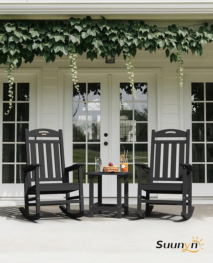 Oversized Outdoor Rocking Chairs Set of 2, High Back Porch Rocking Chair, HDPE All Weather Resistant Rocking Chairs for Patio, 380lbs Weight Capacity, Black