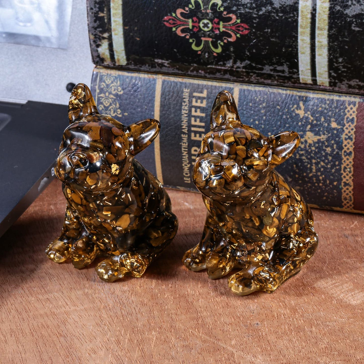SUNYIK Resin Crystal Stone French Bulldog Statue, Reiki Healing Stone Animal Figurines Decor for Home Office Desk Tabletop, Tiger's Eye