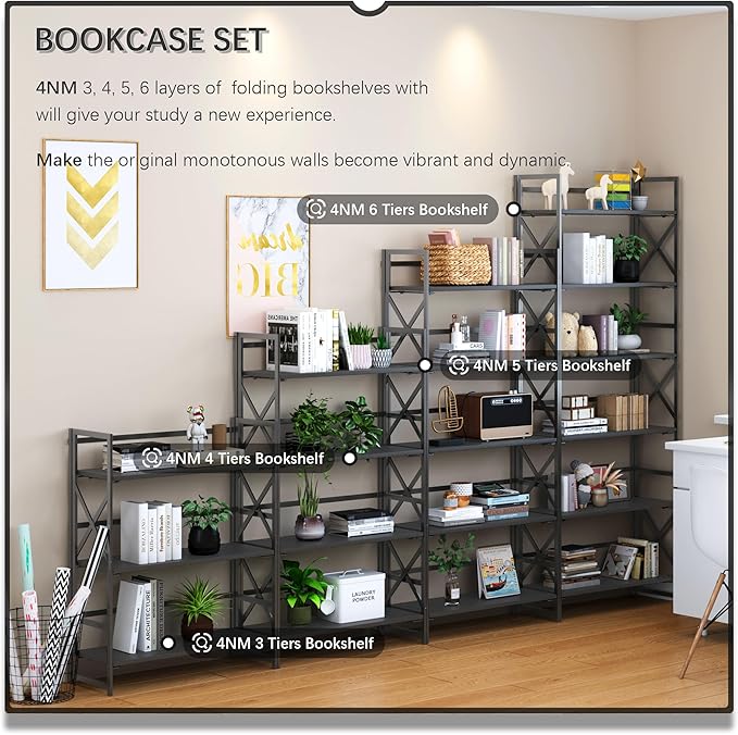 4NM 6 Tiers No Assembly Book Shelves, 61.8" H Folding Bookshelf Bookcase Open