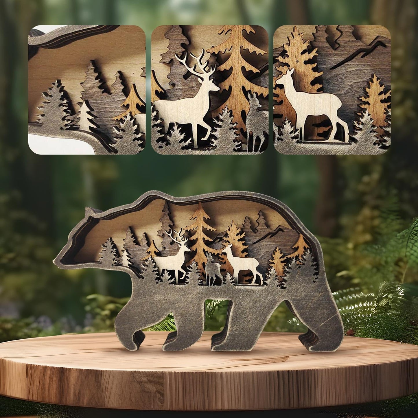 3D Wood Carving Animals Lamp Home Decorative, Cute Bear Family Elephant Presents Ideas Christmas Living Room Office Decor Warm LED Night Lights Gift for Friend Daughter Son Mom Dad (Forest Bear)
