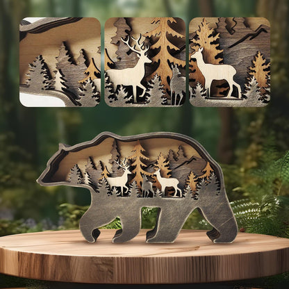 3D Wood Carving Animals Lamp Home Decorative, Cute Bear Family Elephant Presents Ideas Christmas Living Room Office Decor Warm LED Night Lights Gift for Friend Daughter Son Mom Dad (Forest Bear)