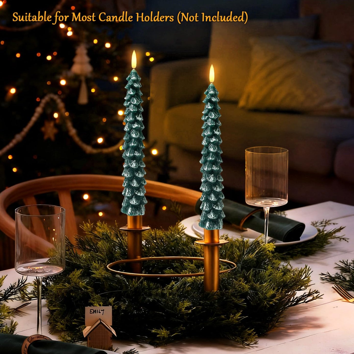 ilifemate Christmas Tree Candles Lights with Remote, Flameless LED Candles with Timer, 2 Modes & 2 Brightness, Battery Operated Christmas Decorations for Holiday Table & Mantel Decor 2 Pcs