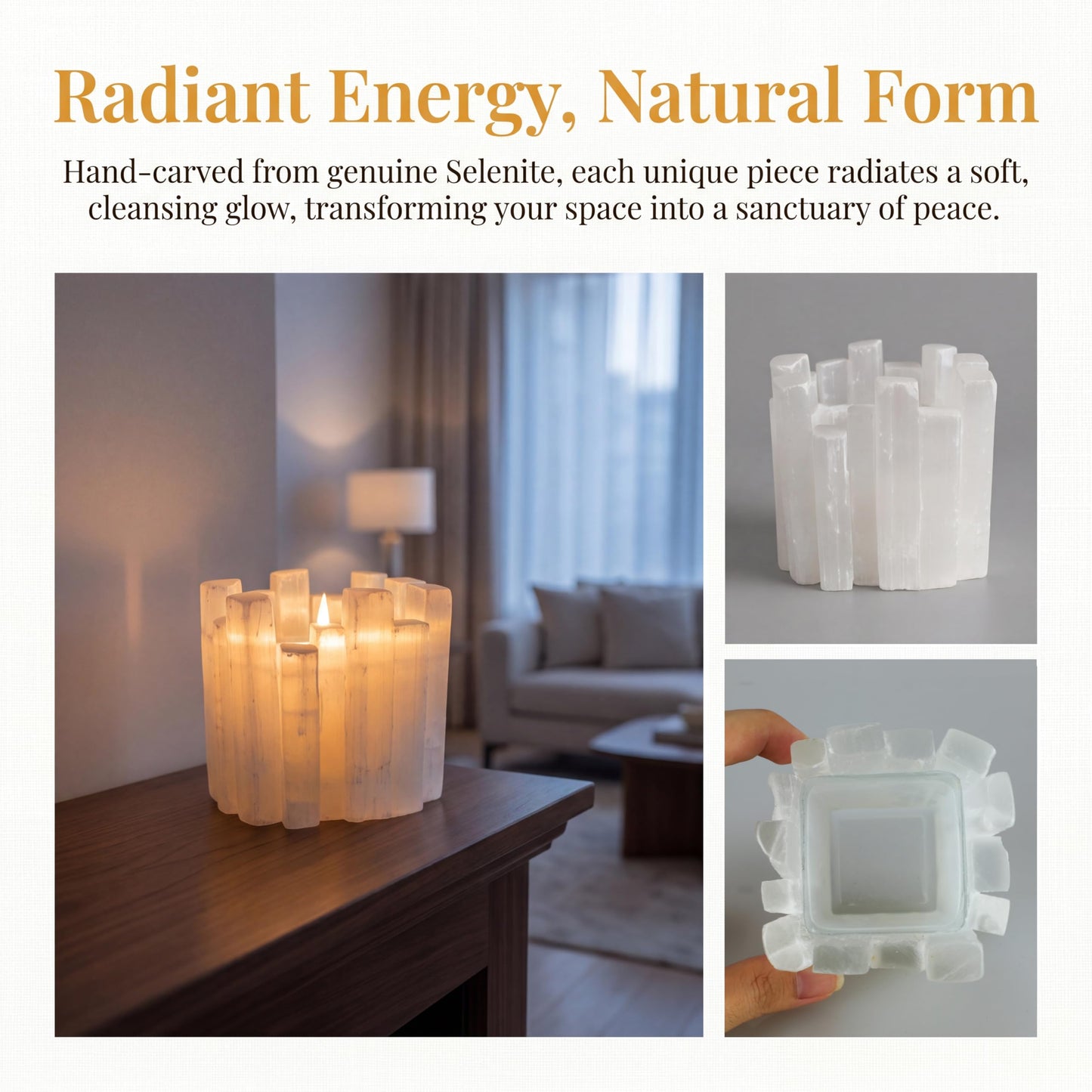 Selenite Tea Light Holder, Natural Selenite Crystal Candle Holders with Different Shapes, for Home Decor, Meditation, Yoga, Reiki, Gifts (Square Irregular Cup)