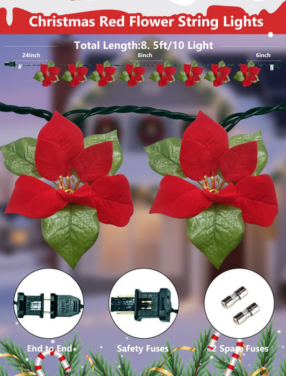 8.5FT Christmas LED Flower String Lights, Christmas Decorations Lights Outdoor with 10 LED Red and Green Flowers Bulbs, Plug in Flower Fairy Light for Valentines Wedding Garden Porch Floral Decor