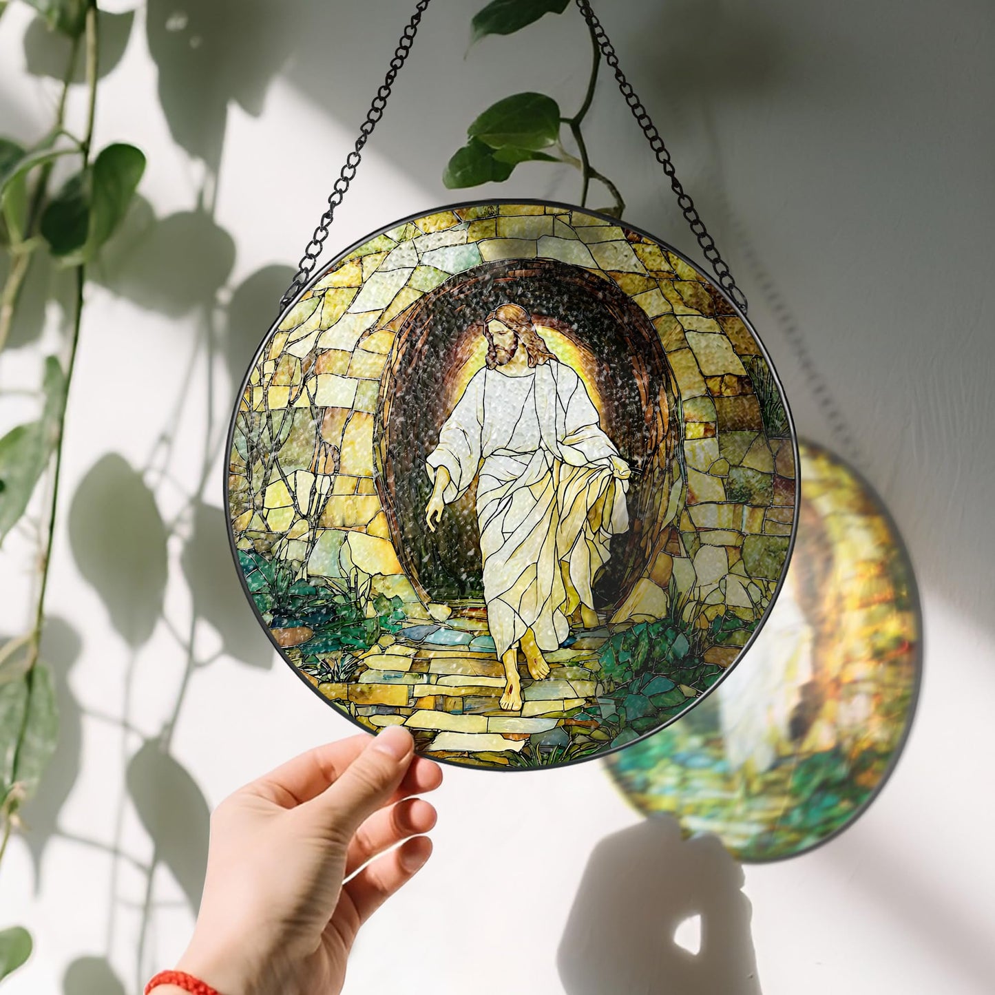 8 Inch He is Risen Resurrection of Jesus Sun Catchers, Stained Glass Window Hanging, Stained Glass Suncatchers for Windows, Christian Home Decor and Christmas, Christian Gift, Religious Gift