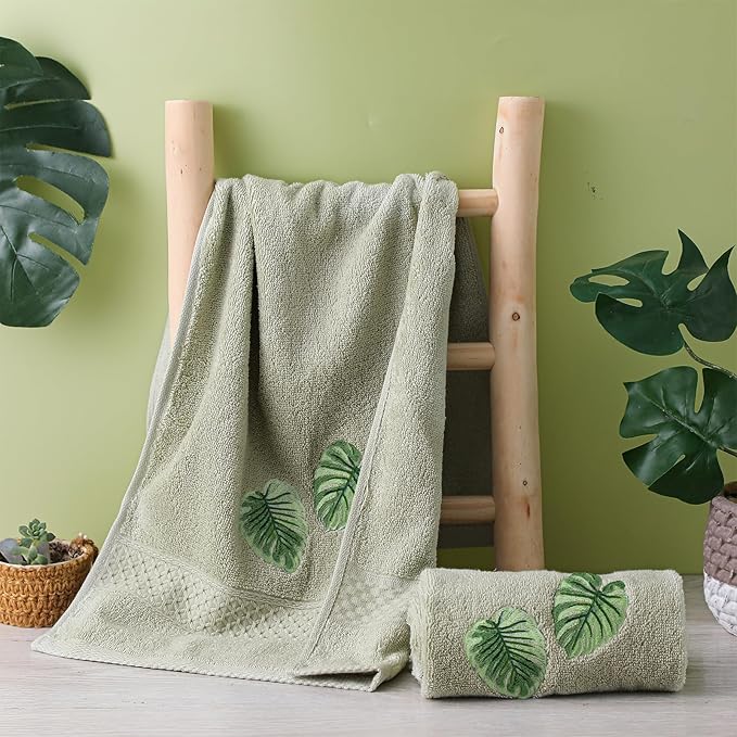 2 Pcs Tropical Palm Leaves Hand Towels Gray Green Bathroom Decor 14x29 Inch