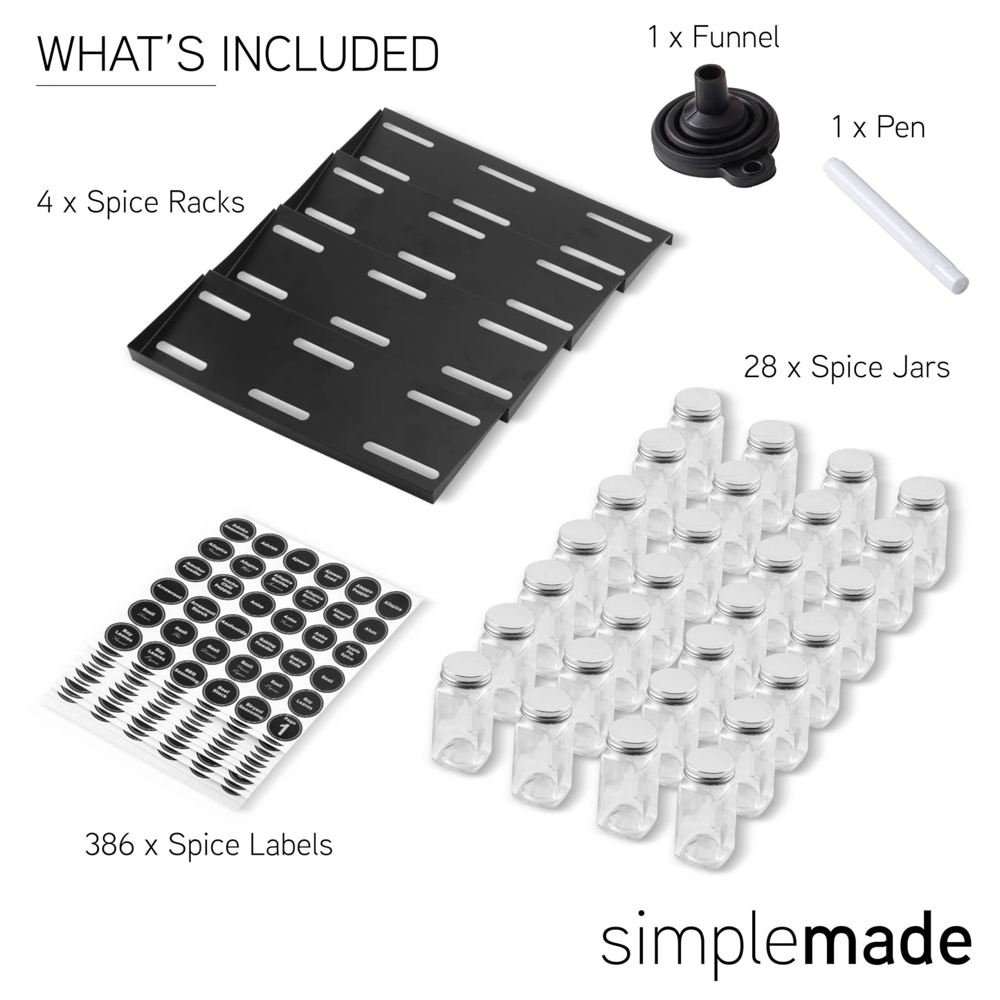 SIMPLEMADE-Spice Drawer Organizer, Spice Rack Drawer for Kitchen, 4 Tier Black Drawer Spice Organizer with 28 Jars and labels with a pen, Silicone Funnel, 13" by 17.5"