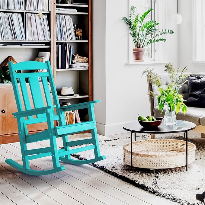 LUE BONA Outdoor Rocking Chairs Set of 4, HDPS Porch Rocker with High Back, Plastic Weather Resistant Rocking Chairs for Outdoor Indoor, Garden, Backyard, 350lb, Aruba Blue
