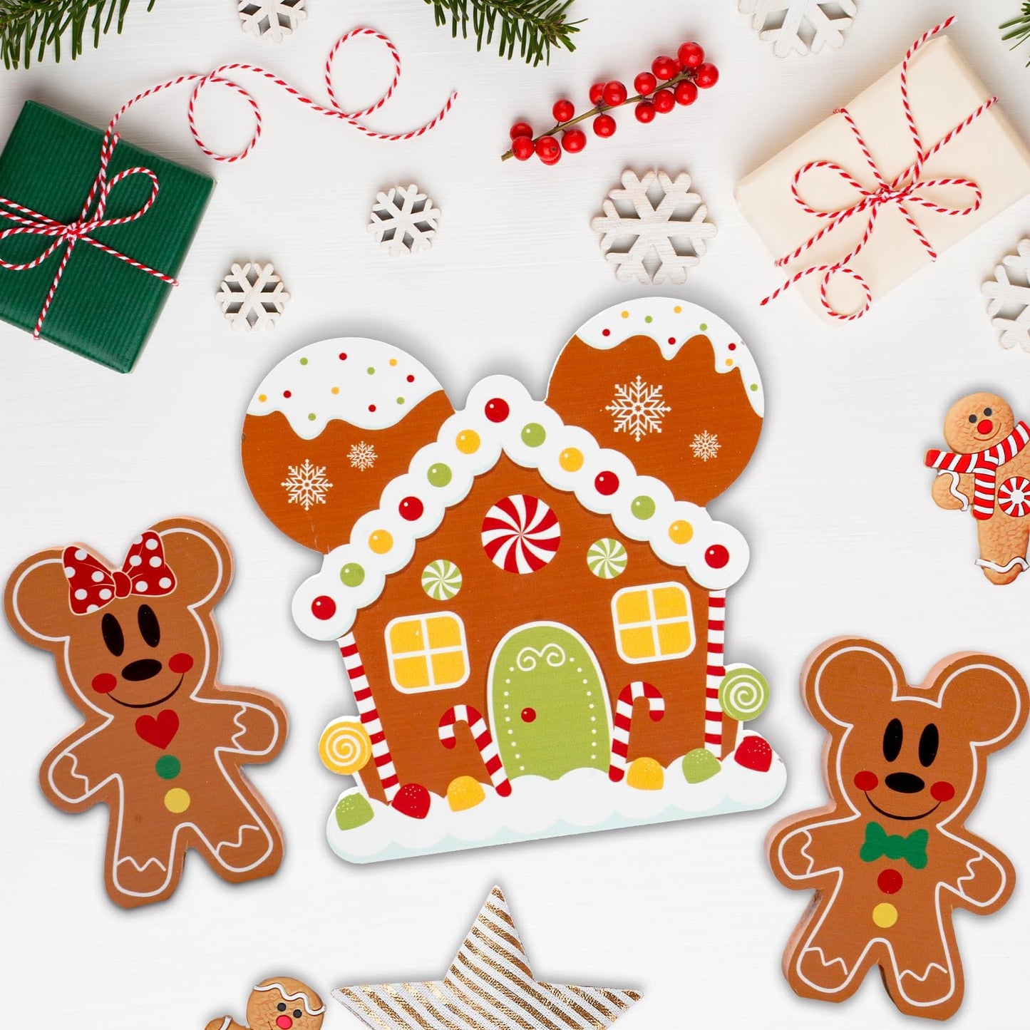 AMUHUA Gingerbread Christmas Table Decoration Set - 3pcs Wooden Gingerbread Mouse Centerpieces Table Decorations for Home Desk Shelf Xmas Party Decor Supplies