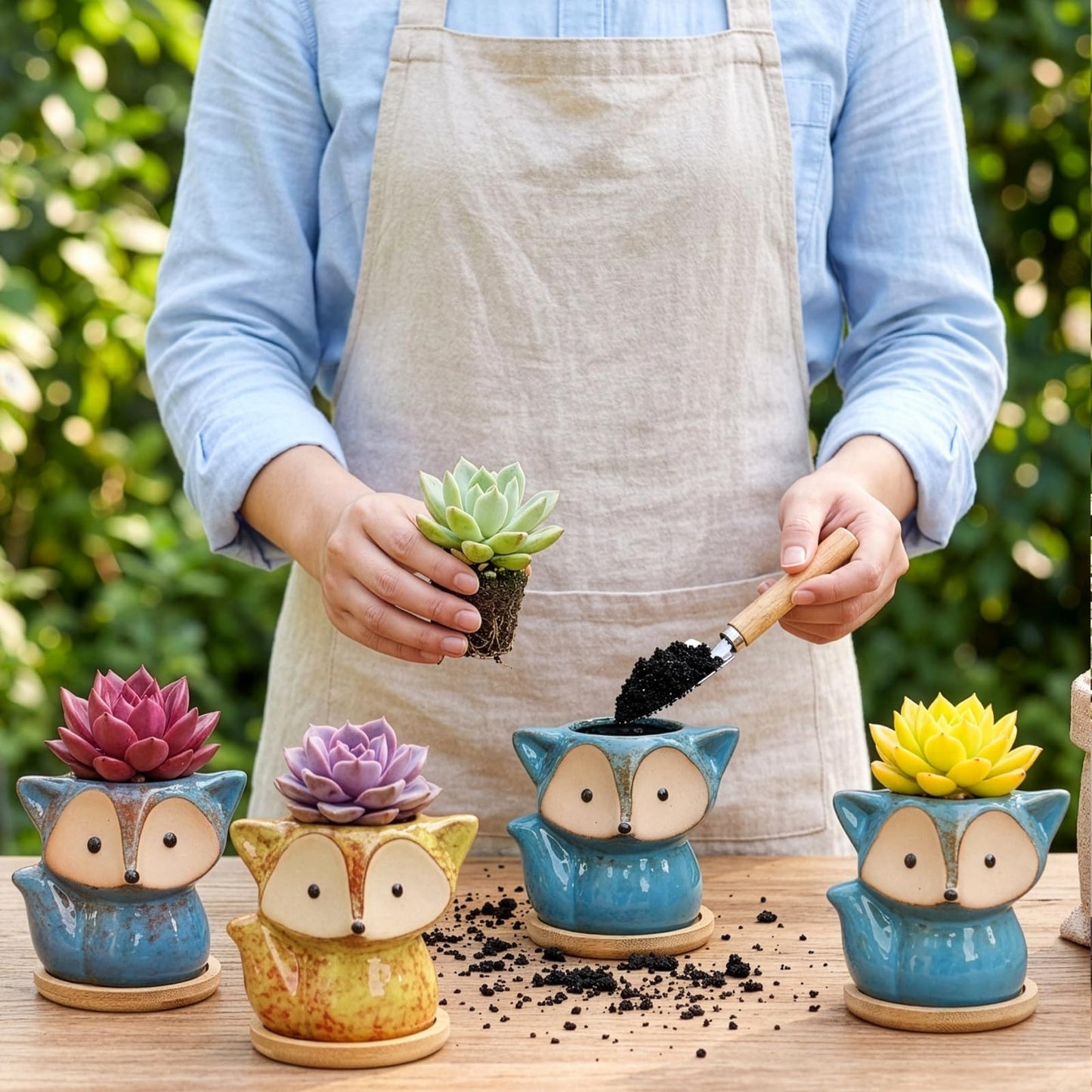 Dicunoy 6 Pack Mini Animal Succulent Planters with Bamboo Tray, 4" Ceramic Fox Flower Pots with Drainage Hole, Cute Cactus Planter for Indoor Plants, Home, Office, Window Decoration