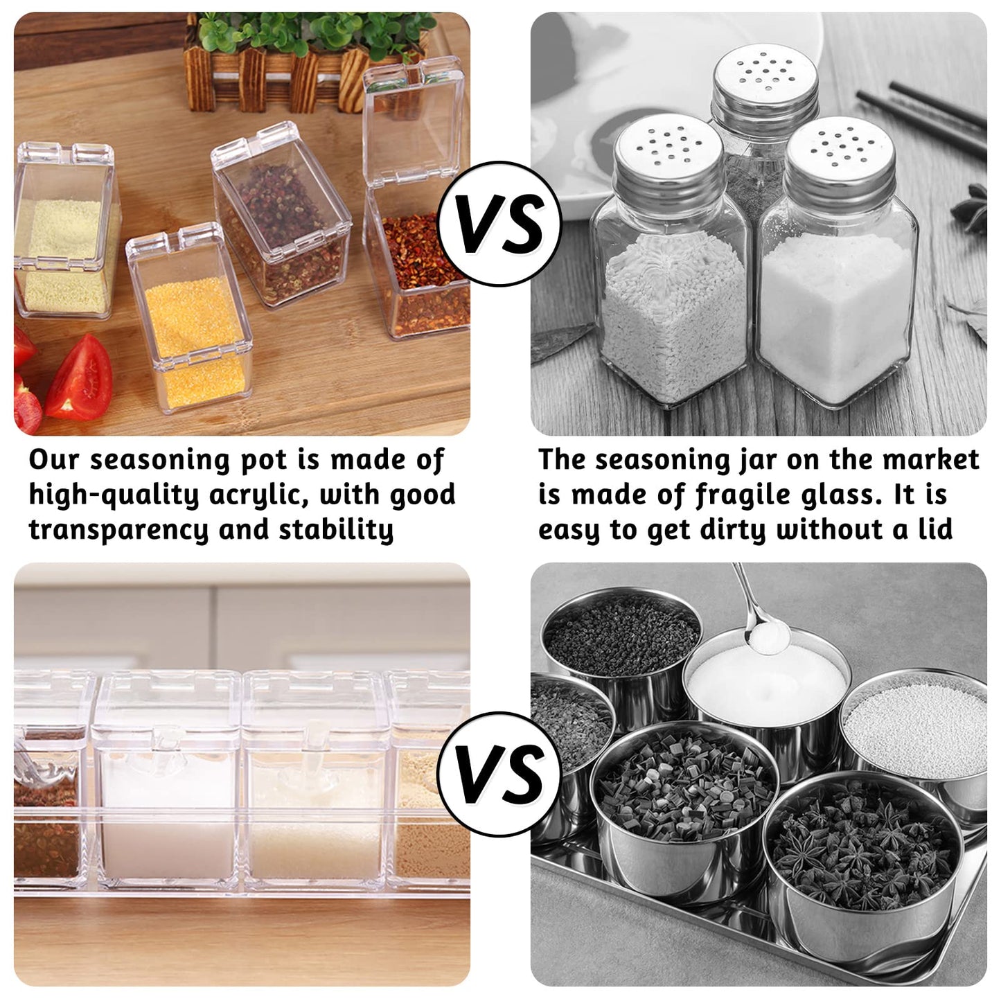 JLNGTHONG Clear Spice Containers, 4 Pieces Condiment Container with Lids for Salt Sugar, Acrylic Spice Rack Spice Container with Spoon