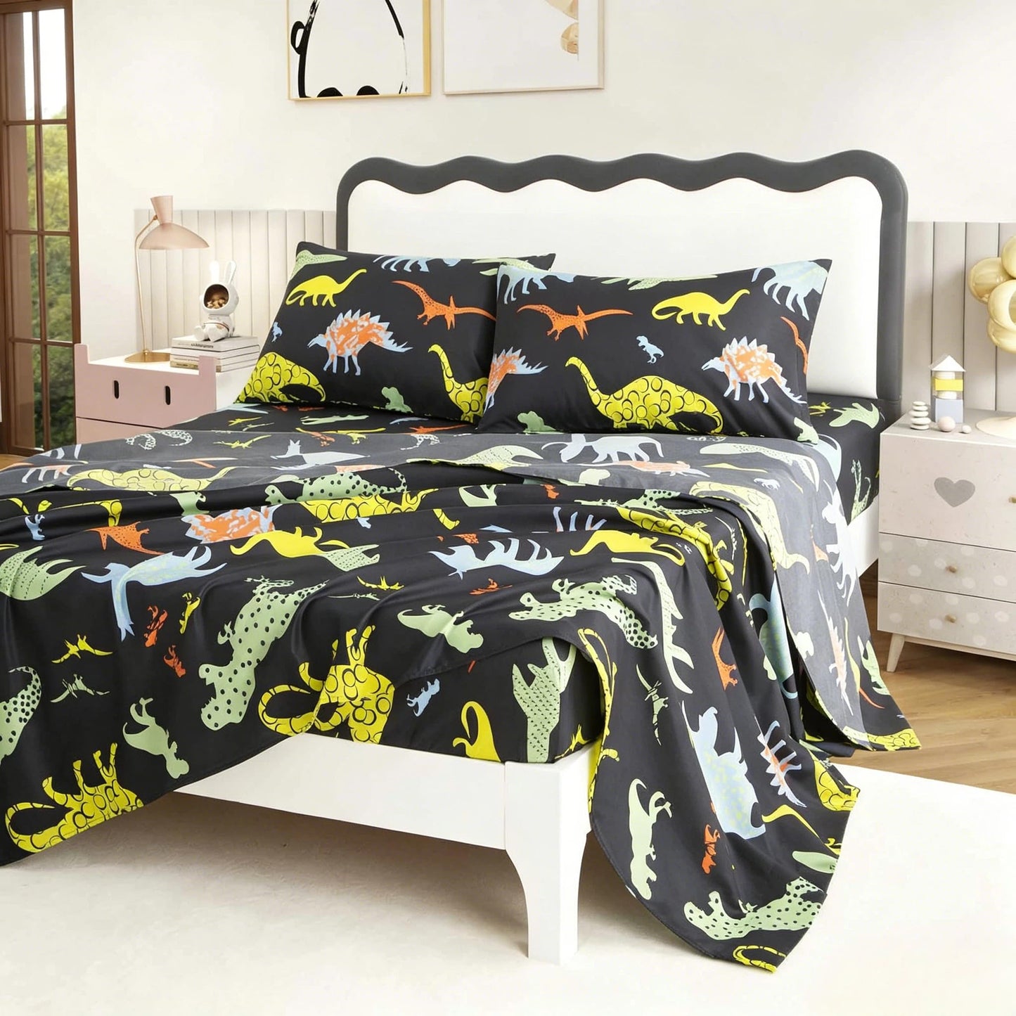 SDY 4 Pieces Dinosaur Sheets Full, Cartoon Dinosaur Full Size Sheets for Boys, Girls, Kids and Toddler, Bed in A Bag Packaged with 1 FittedSheet+ 1 Top FlatSheet + 2 Pillowcases
