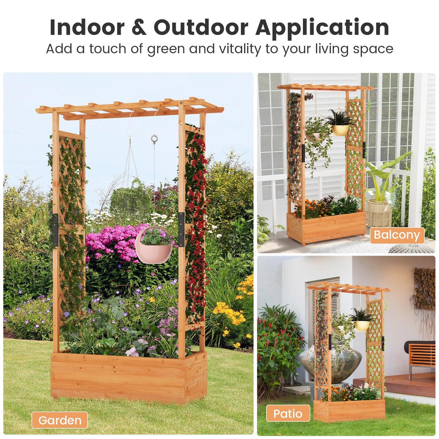 S AFSTAR 72-Inch Raised Garden Bed with Arch Trellis, Hanging Roof & Drainage Holes, Vertical Plant Container for Vine Climbing Plant Flower, Indoor Outdoor Wood Elevated Planter Box for Garden Patio