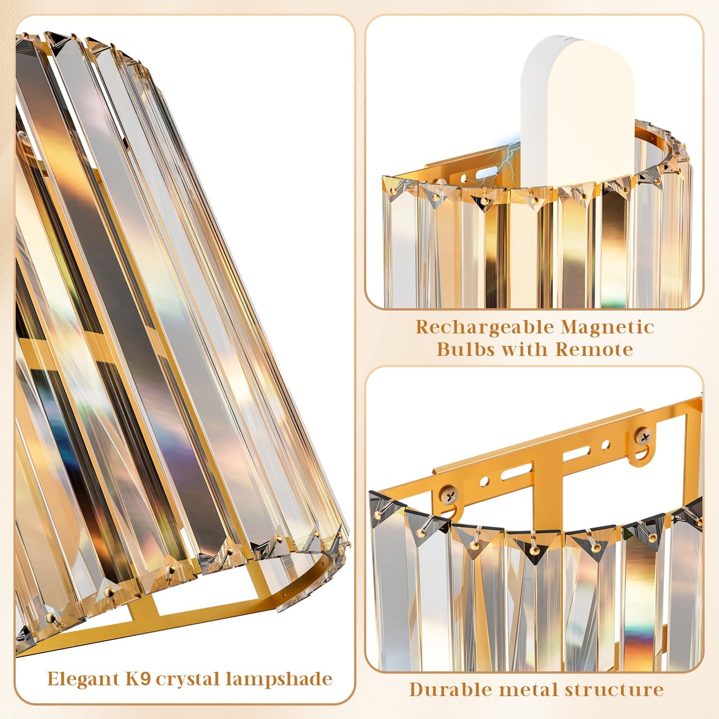 Keep Shinning Gold Battery Operated Wall Sconces Set of Two, Crystal Wireless Wall Lights with Remote, Rechargeable Cordless Wall Lamps 12 RGB and 3 CCT Dimmable Decor for Bedroom Living Room Hallway