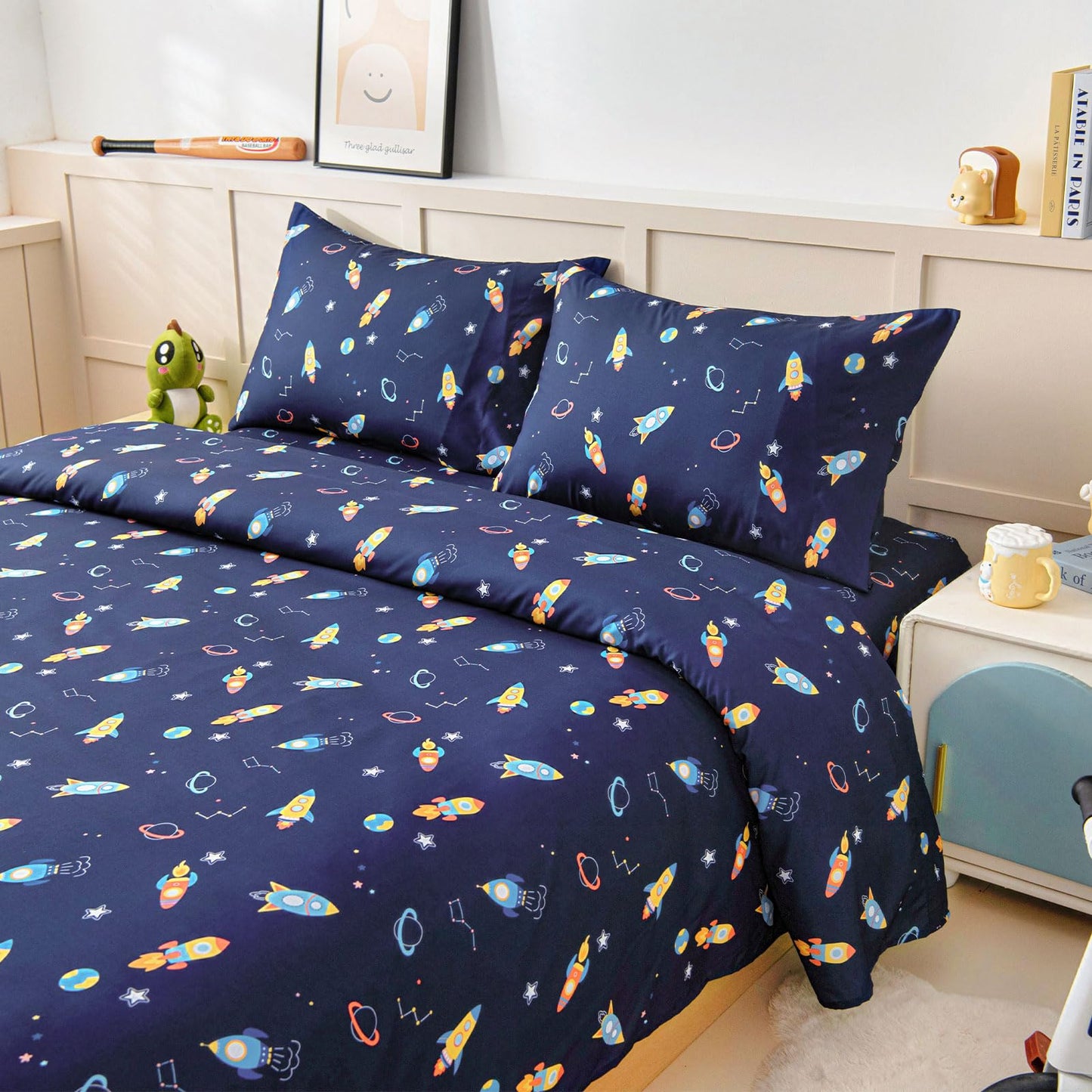 Swiftify Full Size Sheet Set for Kids Boys, 4-Piece Bed Sheet Set for Teens Boys Girls, Cartoon Printed Bedding Set, Microfiber Deep Pocket, Wrinkle & Fade Resistant, Space Rocket