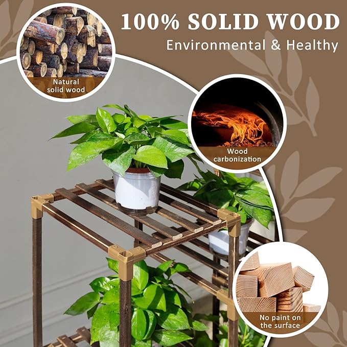 Uneedem Plant Stand Indoor Outdoor, Tall Plant Shelf for Multiple Plants, 10 tiers 11 Pot Large Plants Holder Rack Wood Plant Shelves for Room Corner Balcony Garden Patio