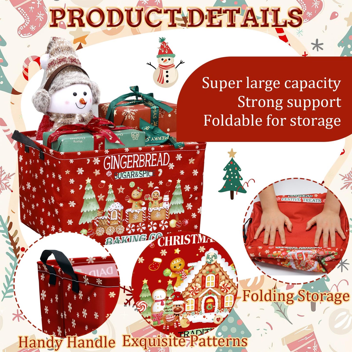 Bulyoou 4 Pcs Christmas Storage Basket for Gifts Empty Large Gingerbread Man Storage Bins 15 x 10 x 8 Fabric Laundry Baskets with Handle Xmas Foldable Organizer Boxes for Office Home Cloth Toys Books