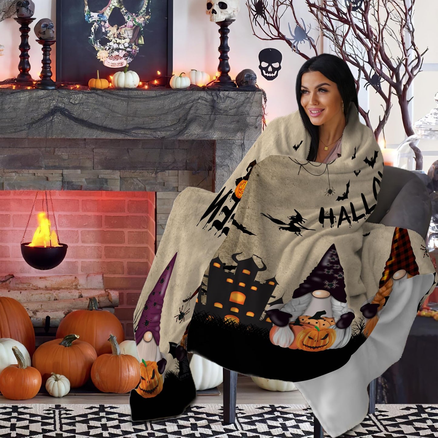Halloween Gnome Blanket Flannel Fleece Throw Blankets Halloween Bats Black Cat Blanket Lightweight Cozy Warm Fuzzy Plush Soft Blankets for Couch Bed Sofa 40X50 Inches