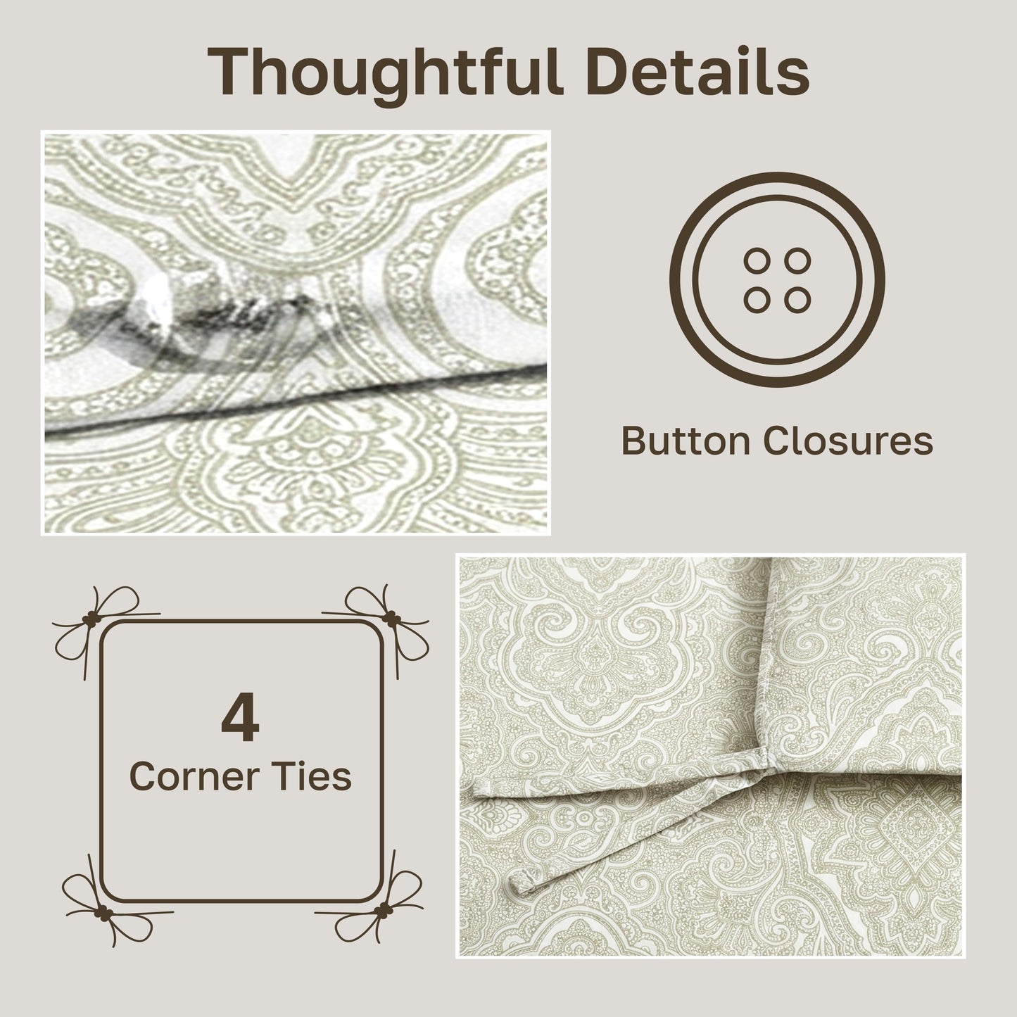 California Design Den 3 Piece King Size Duvet Cover Set, 400 Thread Count 100% Cotton Sateen, Soft Sateen Comforter Cover and Two Pillow Shams, Button Closure and Corner Ties (Paisley Beige)
