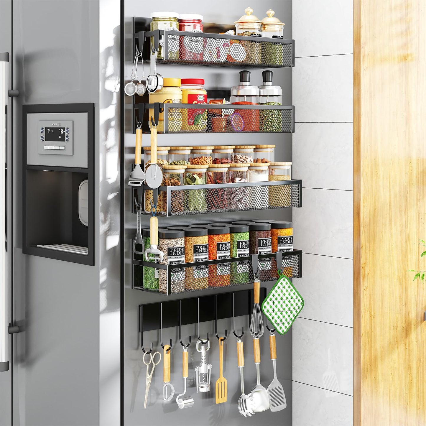 Magnetic Spice Rack for Refrigerator, 4 Pack Magnetic Shelf, Fridge Magnet Organizer with Moveable 8 Hooks, Magnetic Fridge Shelf for Kitchen Organization and Storage (4 Pack)