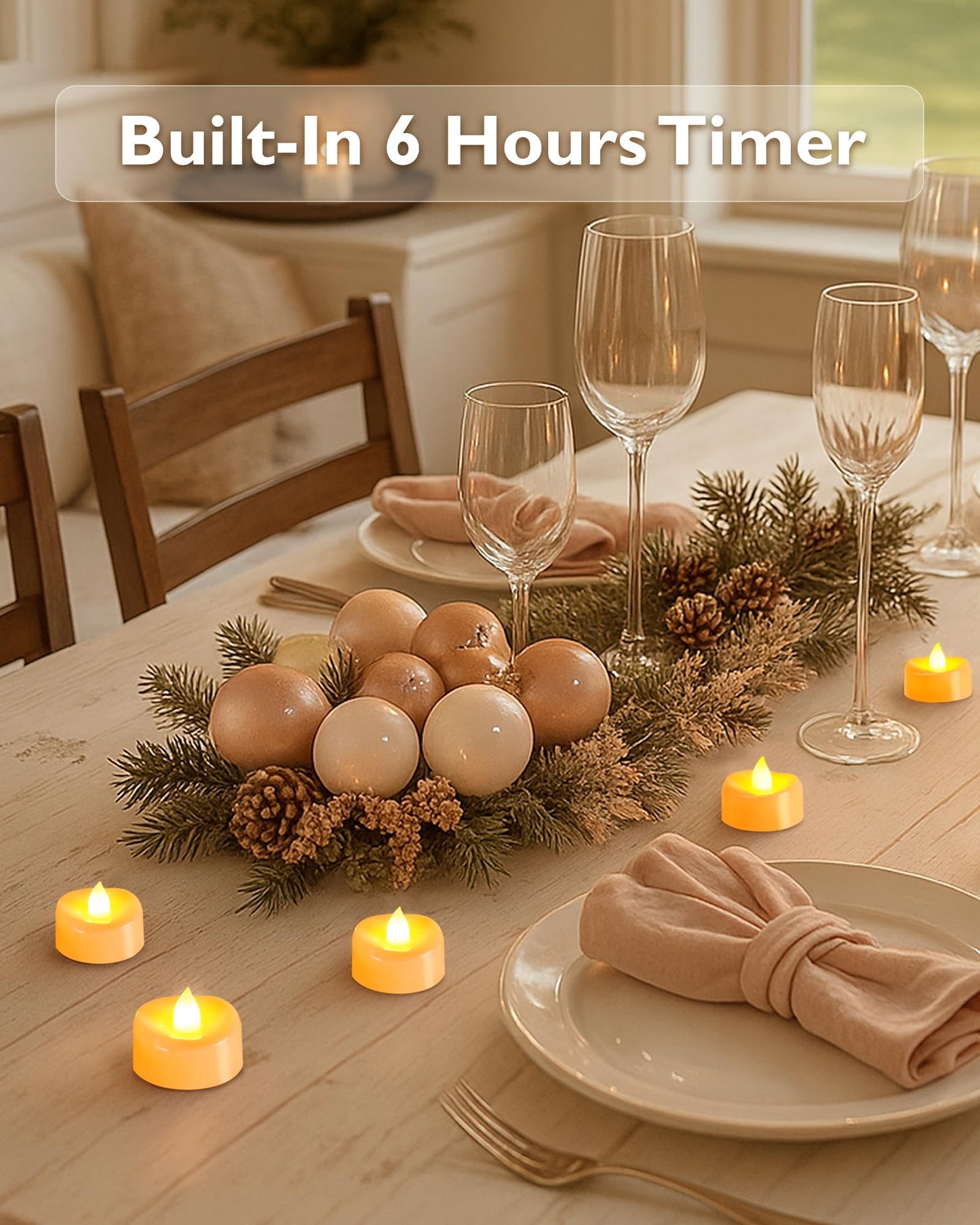 Raycare 24 Pack Tea Lights with Timer, 6H Timer Built-in, Flameless Battery Operated Tea Lights in Warm Yellow, Flickering Votive Candle for Wedding Party Halloween Thanksgiving Christmas Decorations