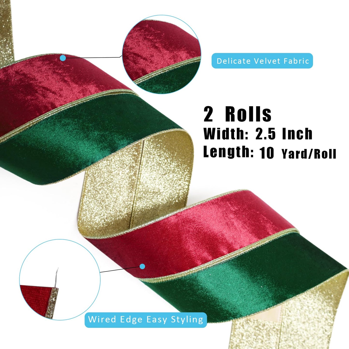 LaRibbons Christmas Velvet Ribbon Wired 2.5 Inches Wide (2 Rolls 20 Yards TTL) Double Faced Red Green and Gold Glitter Velvet Ribbon for Christmas Tree Garland, Gift, Bow, Home Decor