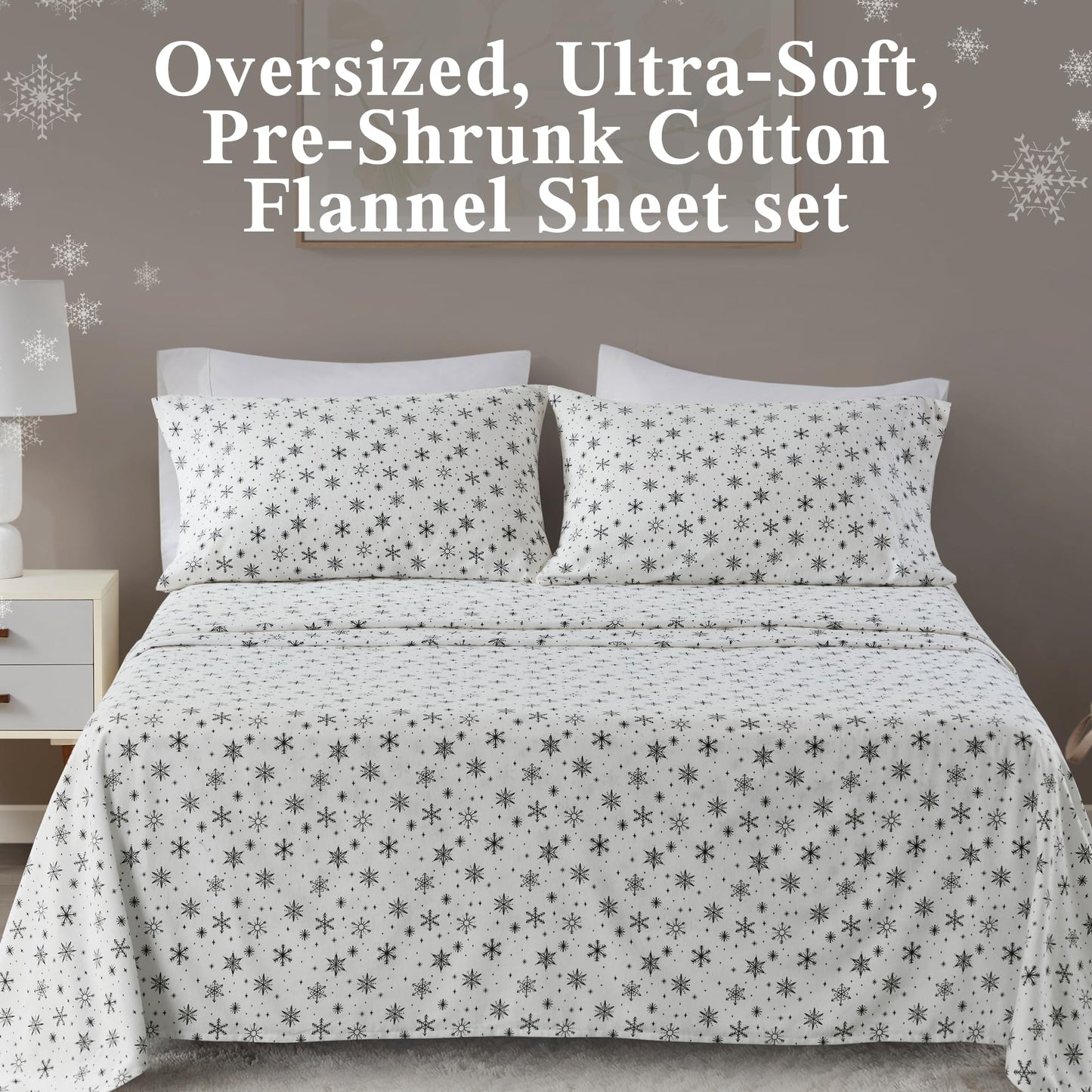 Beautyrest Cotton Sheet Set Cozy Print 100% Cotton Flannel Sheets Warm & Fuzzy Bedding Set, Oversized Sheets, Deep Pocket Fits Up to 16" Mattress Cozy Full Bed Sheets Full Black Snowflakes 4 Piece