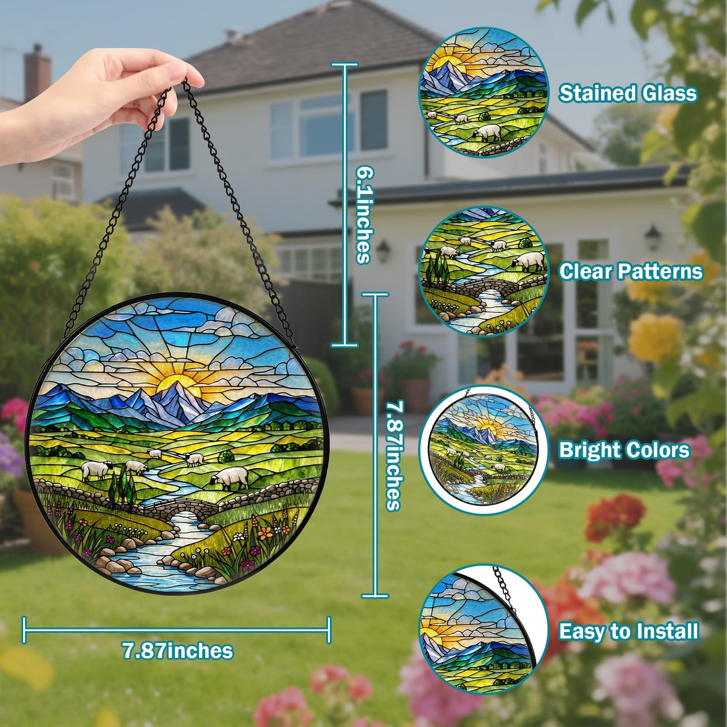 Green Irish Hills Stained Glass Window Hanging, Suncatcher for Window Hanging, Sun Catchers Indoor Windows Wall Art for Nature Lovers, Suncatcher for Home Garden Office 7.87 inches