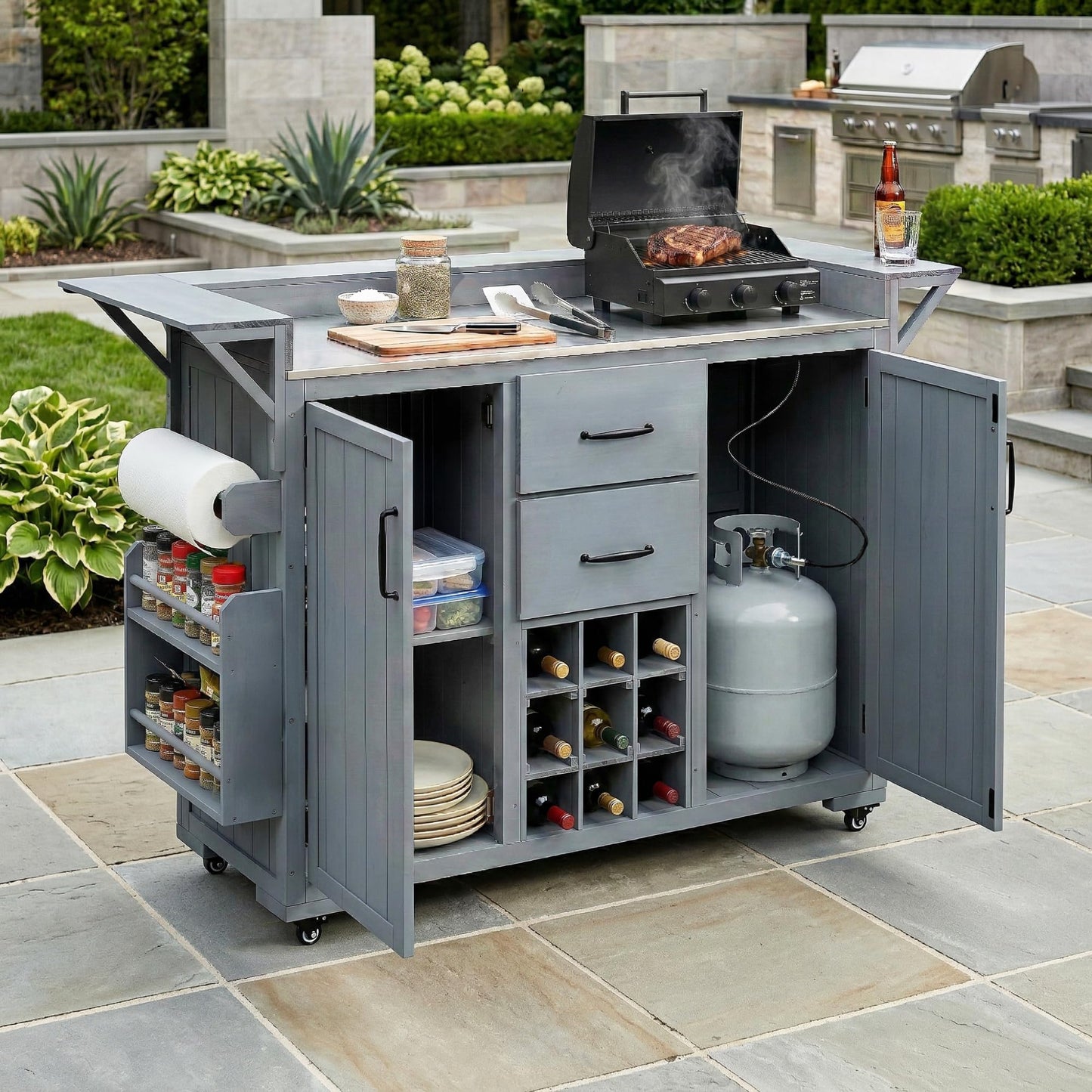 GDFStudio Elhill Patio Kitchen Island Cart with Extendable Top, Wooden Outdoor Storage Cabinet with Stainless Steel BBQ Prep Table Top, Wine Rack, Spice Rack, Drawers and Lockable Wheels, Gray