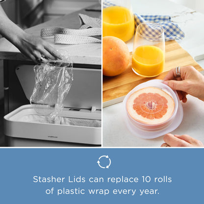 Stasher Premium Reusable Silicone Stretch Lids Variety 4-Pack, Clear, 9, 6.5, 4.5, 2.5, Airtight Seal, Food Container Covers, BPA Free, Leak-free, Dishwasher Safe, Microwave Safe, Eco-Friendly