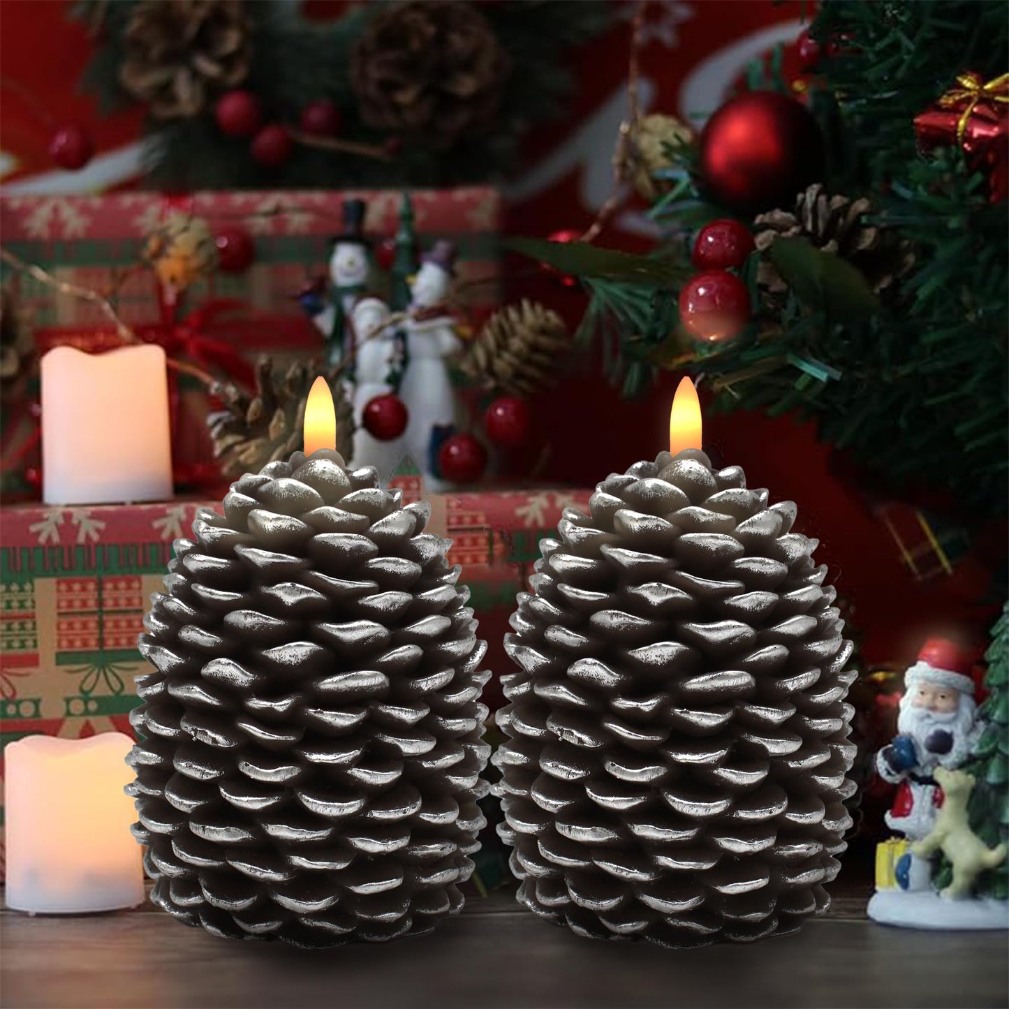 CVHOMEDECO. Pine Cone Candles Battery Operated Pinecones with Remote and Timer, Pine Cones Candle LED Flameless Flickering Candles for Fall, Christmas Decor. Silver-Brown, H 5.5 Inch, Pack of 2
