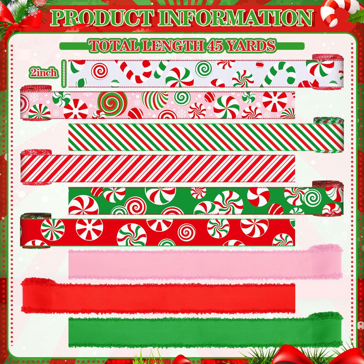 Yuxung 9 Rolls 45 Yards Christmas Candy Peppermint Ribbon Wired Edge Ribbons for Wreaths Red Green Candy Cane Print Craft Ribbon Burlap Grosgrain Ribbon for Christmas Party Decorations DIY Supplies