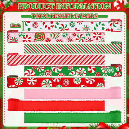 Yuxung 9 Rolls 45 Yards Christmas Candy Peppermint Ribbon Wired Edge Ribbons for Wreaths Red Green Candy Cane Print Craft Ribbon Burlap Grosgrain Ribbon for Christmas Party Decorations DIY Supplies