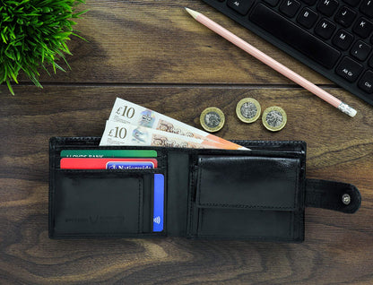 PELLE TORO All-in-One Handmade Mens Wallet with RFID Blocking, Coin Pocket, Fine Leather Card Wallet for Men with 8 Slots and Zip Section, in Wooden Gift Box, Black