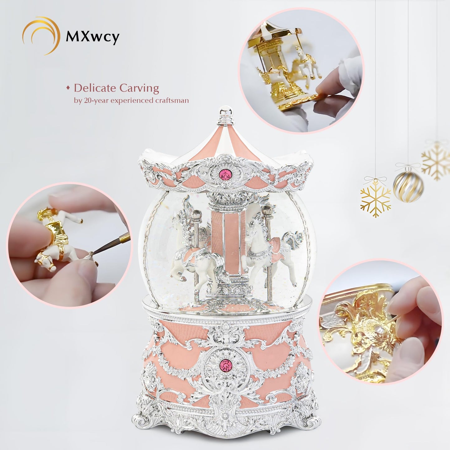 Carousel Music Box Silver & Pink Christmas Snow Globes, 8.3" Rotate Carousel Snow Globe for Kids & Adults, Classic Wind up Musical Snow Globe Valentines Day Gifts for Women Girls Carousel Horse Decor