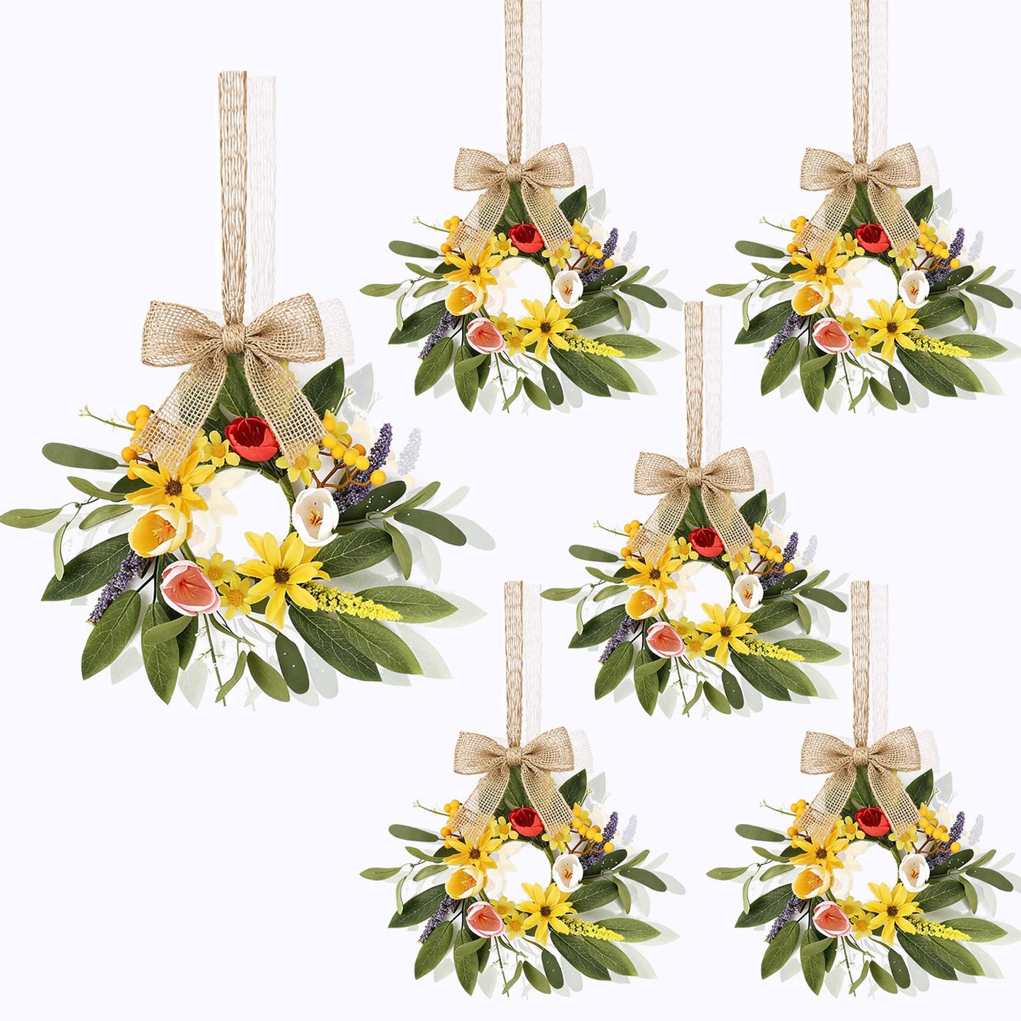 6 Pcs Spring Candle Rings Wreaths Spring Wreaths for Front Door 9'' Small Tulip Floral Candle Holder Rings for Window Front Door Flowers Wedding Anniversary Party Decoration