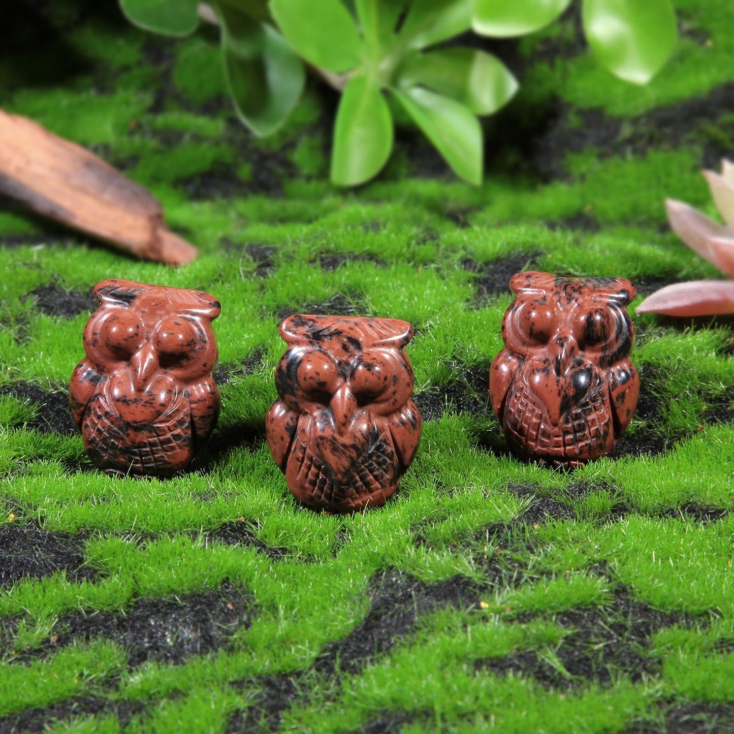 mookaitedecor 4 pcs Mahogany Obsidian Crystal Owl Statue, Hand Carved Night Owl Figurine Pocket Stone Sculpture for Home Office Decor Tabletop Display