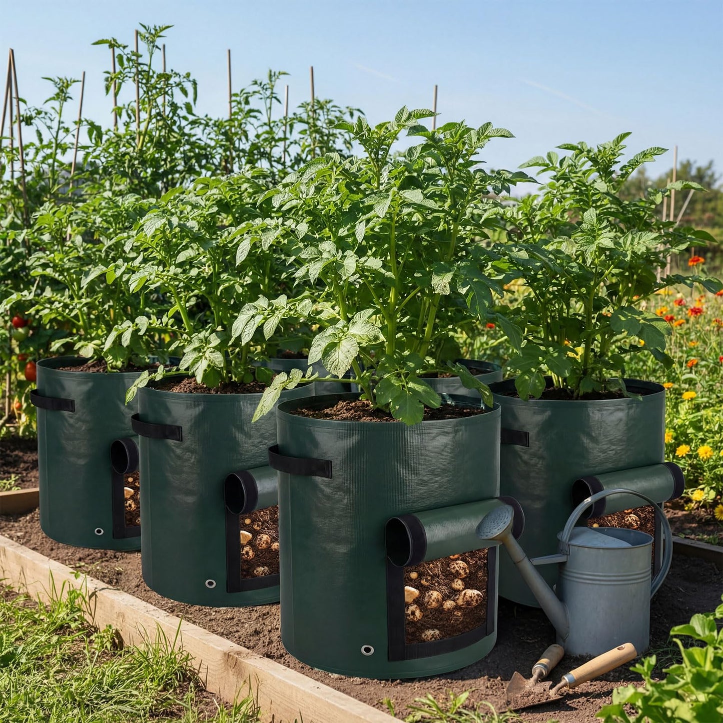 Ferrochef 8 Pack 20 Gallon Extra Potato Grow Bags with Flap Window, PE Fabric Pots with Handles for Vegetables Garden Planting Flowers Green Planter, 15.75 x 23.62 Inch