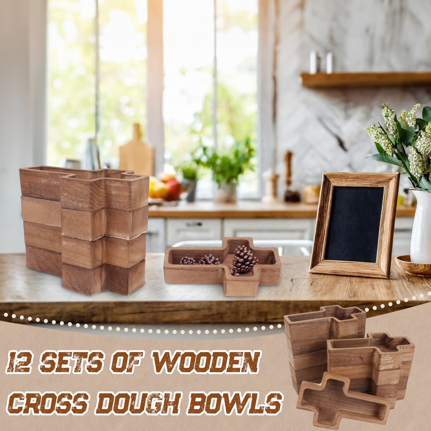 HEYTIMI 12 Pack Wooden Cross Dough Bowls, 7.42" x 4.33" Paulownia Wood Dough Bowl Set for Candle Making, Rustic Farmhouse Decor, Religious Ceremony Centerpiece, Christian Faith Gifts
