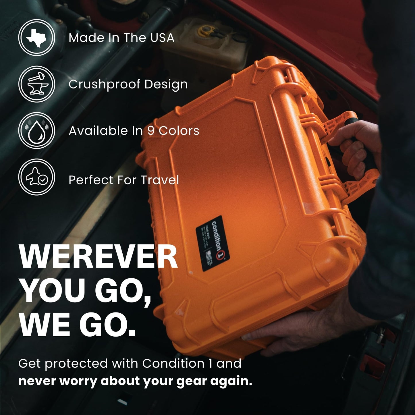 Condition 1 18" Medium Waterproof Hard Case with Foam, Model 801, Portable Protective Storage Box for Travel, Tactical Gear, Made in USA,18.36"x13.70"x 7.03" Orange