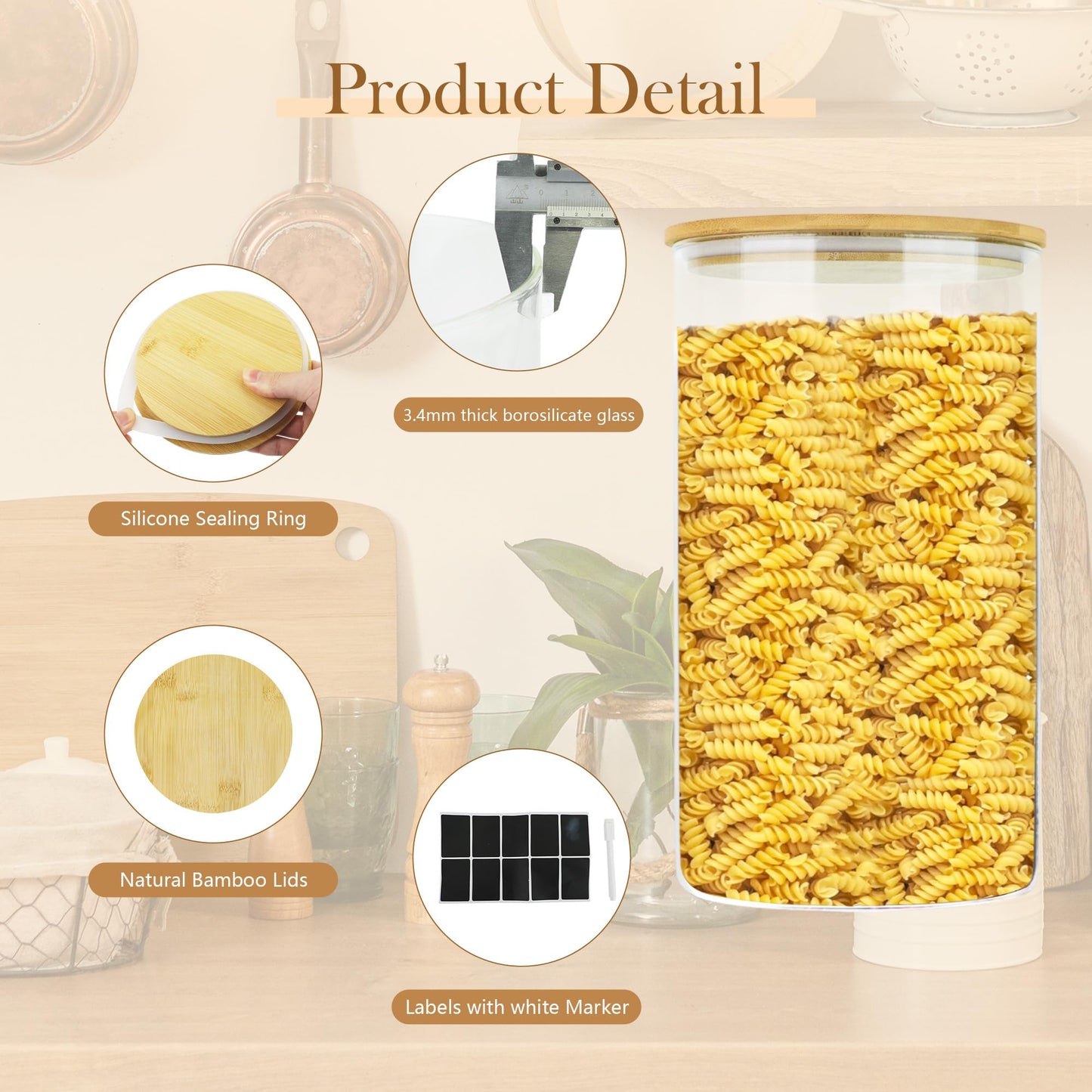 Large Glass Cereal Containers Storage with Airtight Bamboo Lids,Pantry Storage Container,Perfect for Kitchen Organization - Flour, Rice, Pasta, Sugar, Coffee Beans, Accessories Included,2 packs(168oz)