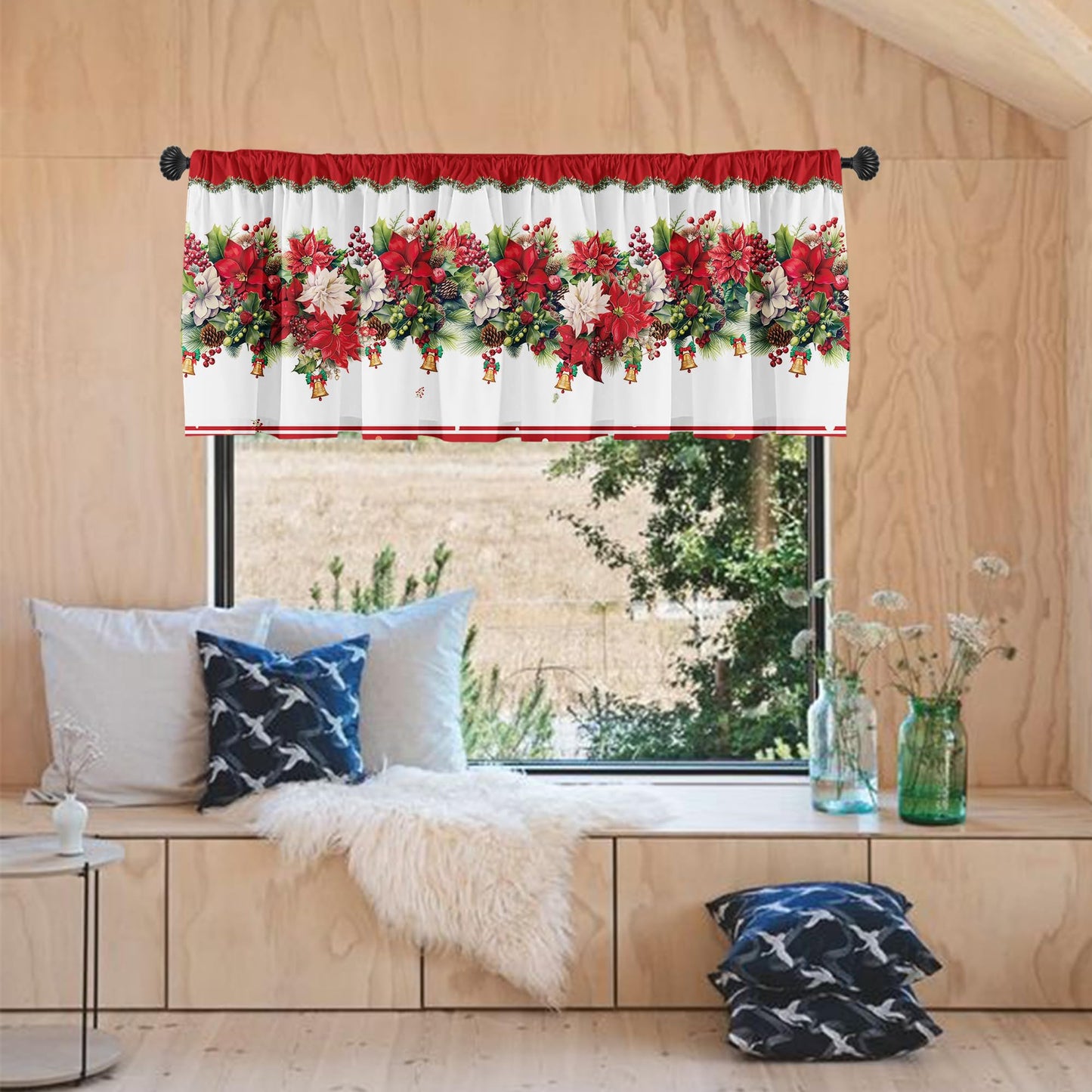 SUNWISHA Christmas Poinsettia Curtains Valance for Kitchen Window 52 x 18 Inch Window Decor Red