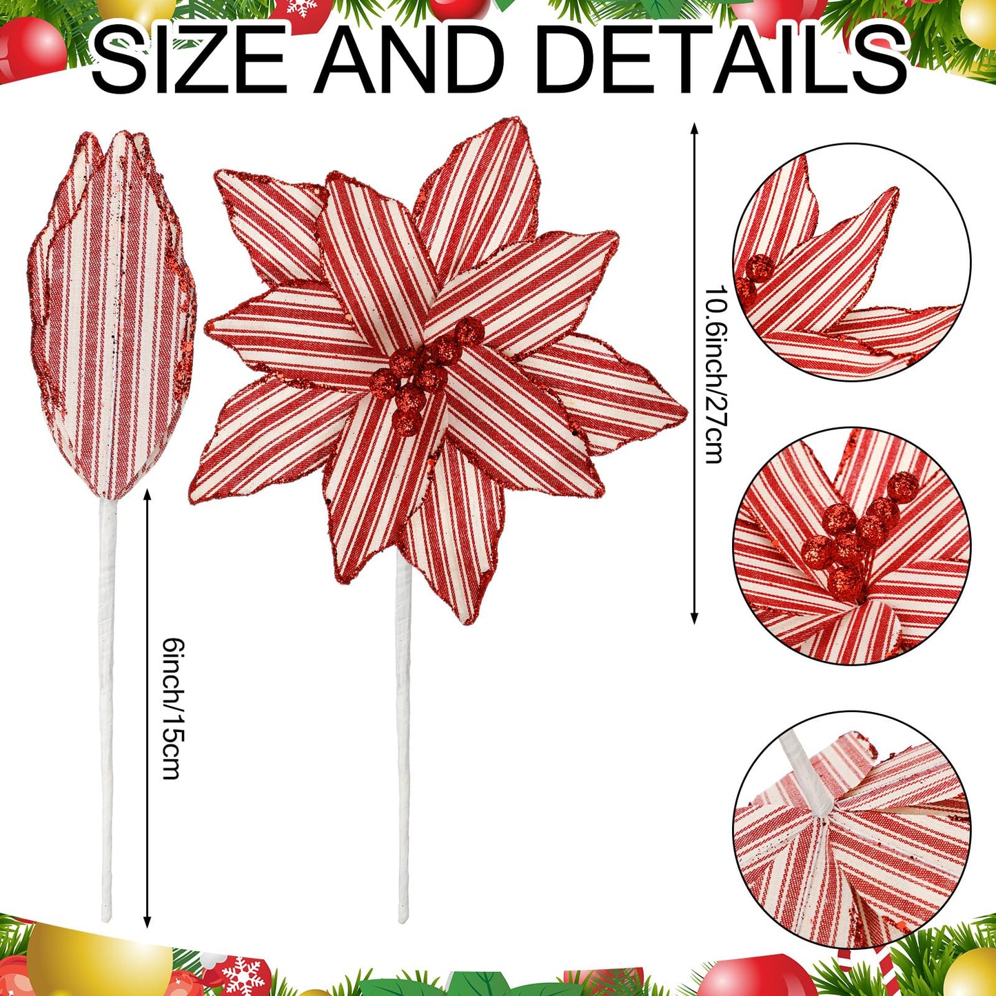 Soulchen 12 Pcs 12'' Red and White Christmas Poinsettia Candy Cane Poinsettia Christmas Tree Ornaments Peppermint Flower Tree with Stems Topper for DIY Xmas Wreath Garland Holiday Party Decor